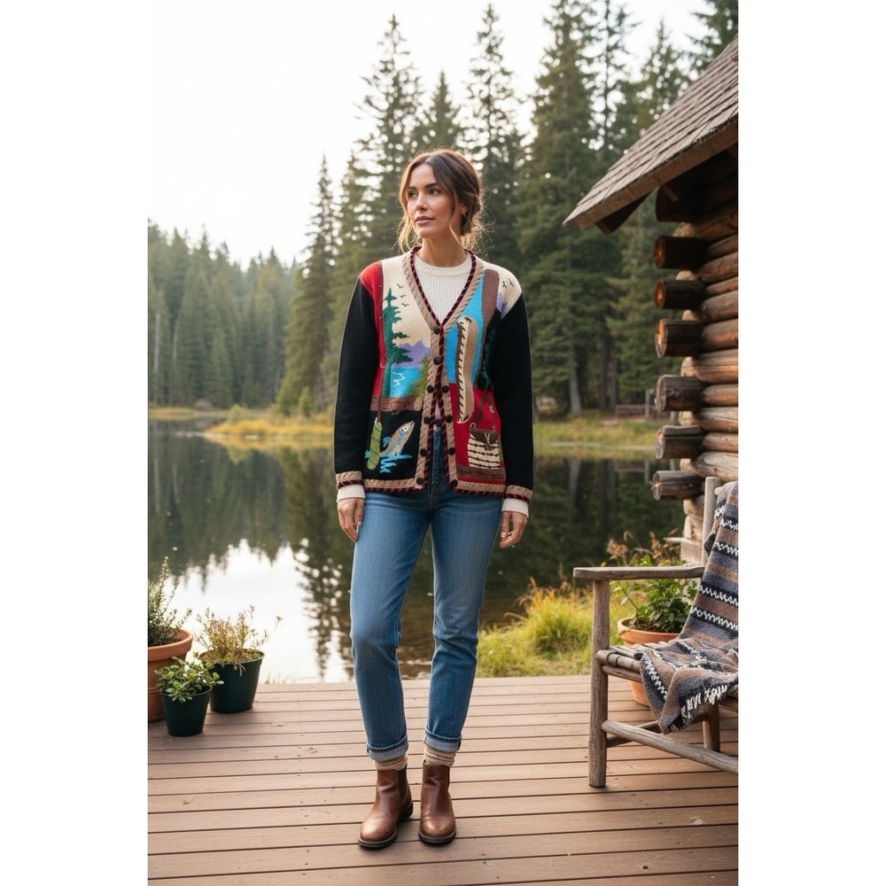 Storybook Knits Fishing Cardigan Sweater Cabin Lake Fishing Cottage Grandma SML